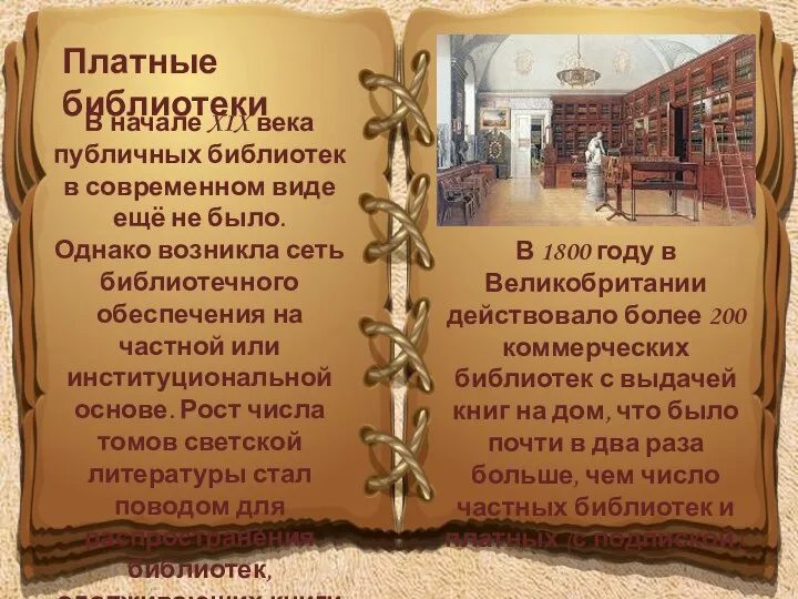 Платные библиотеки В начале XIX века публичных библиотек в современном виде