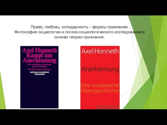 Право, любовь, солидарность – формы признания. Философия социологии и логика социологического исследования в основе теории признания.