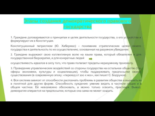 Этапы создания демократического правового государства 1. Граждане договариваются о принципах и