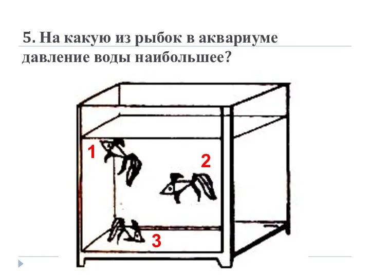 5. На какую из рыбок в аквариуме давление воды наибольшее? 1 2 3