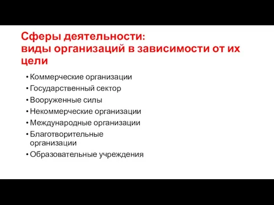 Сферы деятельности: виды организаций в зависимости от их цели Коммерческие организации