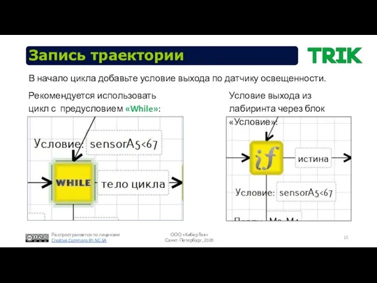 Запись траектории Условие выхода из лабиринта через блок «Условие»: В начало