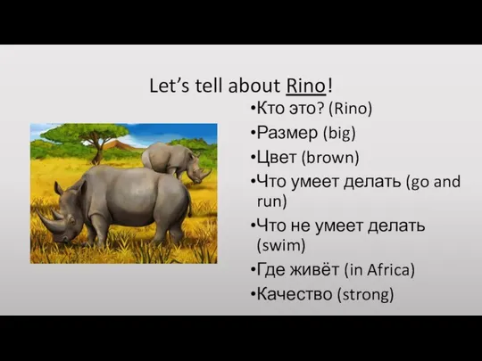 Let’s tell about Rino! Кто это? (Rino) Размер (big) Цвет (brown)