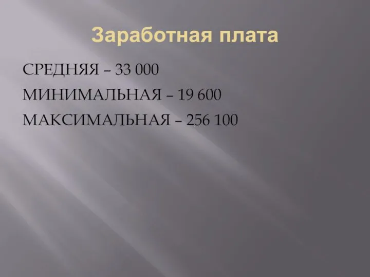 Заработная плата СРЕДНЯЯ – 33 000 МИНИМАЛЬНАЯ – 19 600 МАКСИМАЛЬНАЯ – 256 100