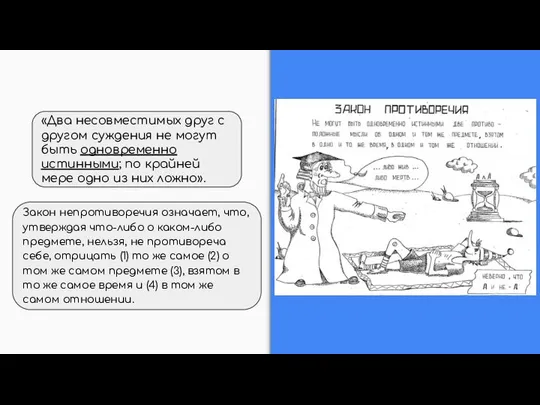 Закон непротиворечия означает, что, утверждая что-либо о каком-либо предмете, нельзя, не