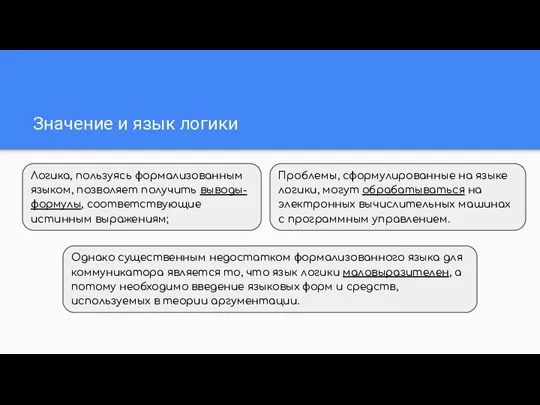 Значение и язык логики Логика, пользуясь формализованным языком, позволяет получить выводы-формулы,