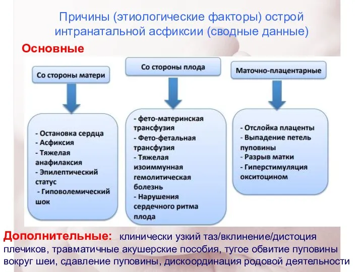 Причины (этиологические факторы) острой интранатальной асфиксии (сводные данные) Основные Дополнительные: клинически