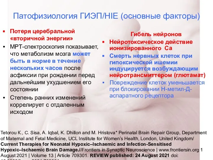 Патофизиология ГИЭП/HIE (основные факторы) Потеря церебральной «вторичной энергии» МРТ-спектроскопия показывает, что