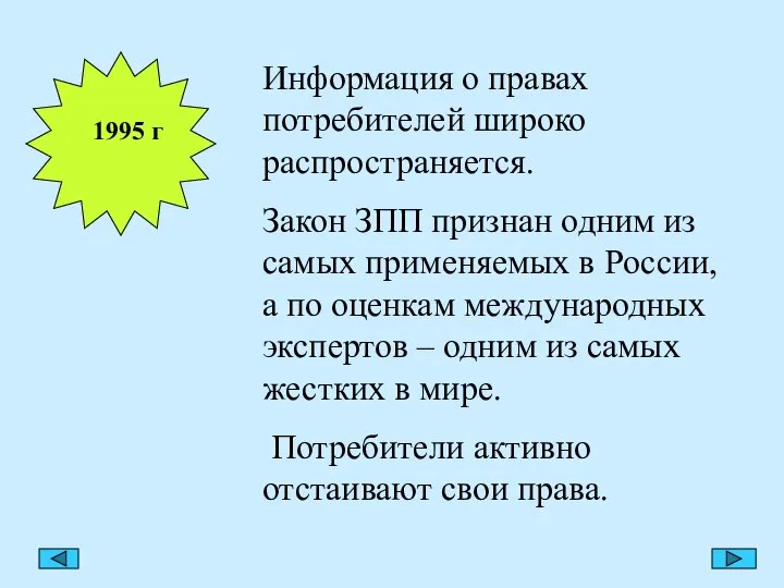 1995 г Информация о правах потребителей широко распространяется. Закон ЗПП признан