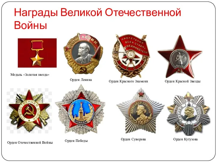 Награды Великой Отечественной Войны Медаль «Золотая звезда» Орден Ленина Орден Красного