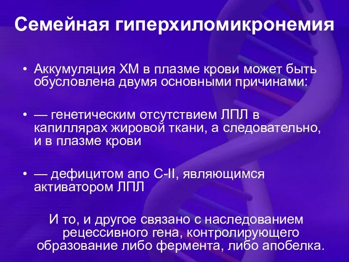 Семейная гиперхиломикронемия Аккумуляция ХМ в плазме крови может быть обусловлена двумя