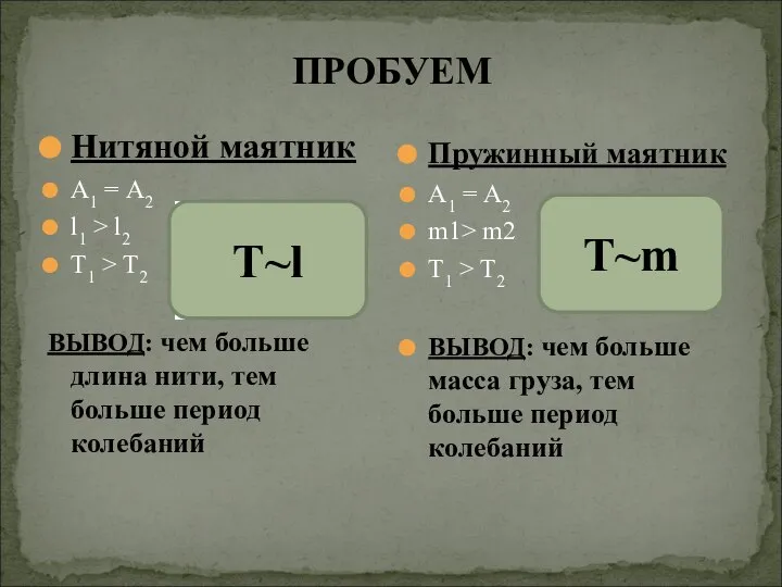 ПРОБУЕМ Нитяной маятник А1 = А2 l1 > l2 T1 >