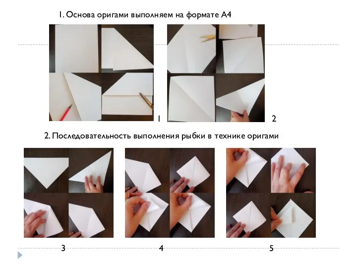 1. Основа оригами выполняем на формате А4 2. Последовательность выполнения рыбки