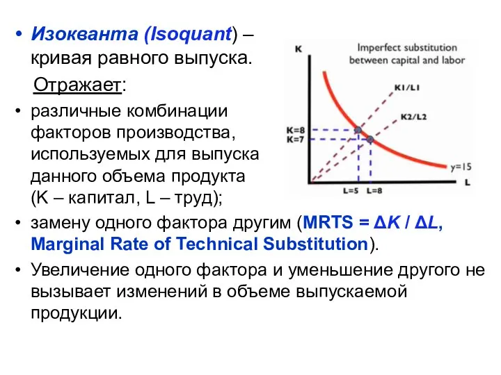 Изокванта (Isoquant) – кривая равного выпуска. Отражает: различные комбинации факторов производства,