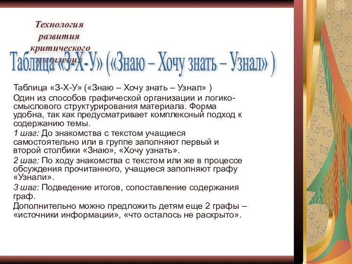 Таблица «З-Х-У» («Знаю – Хочу знать – Узнал» ) Один из