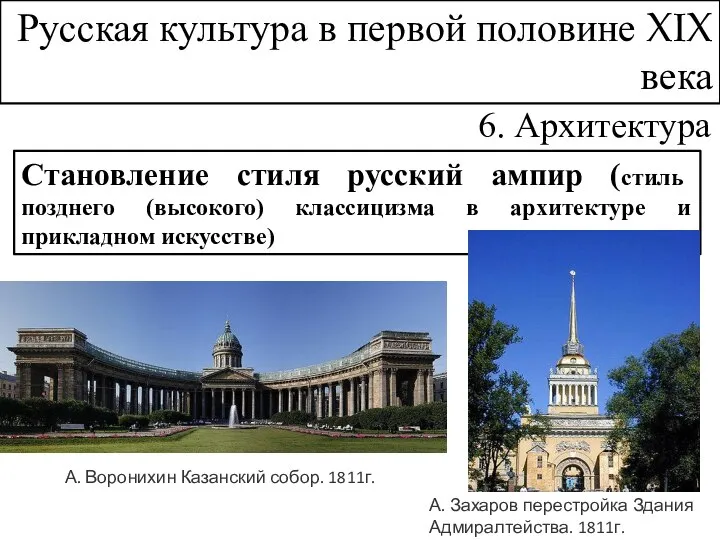 Русская культура в первой половине XIX века 6. Архитектура Становление стиля