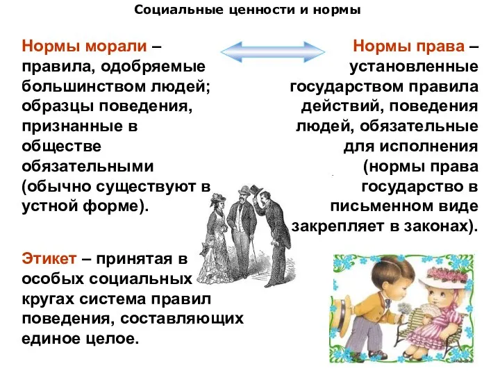 Социальные ценности и нормы Нормы морали – правила, одобряемые большинством людей;