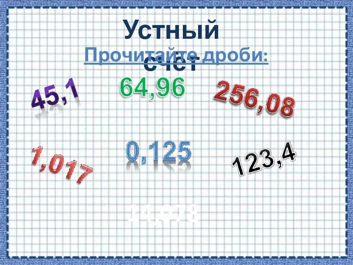 Устный счёт Прочитайте дроби: 14,078