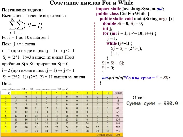 Сочетание циклов For и While Постановка задачи: Вычислить значение выражения: For