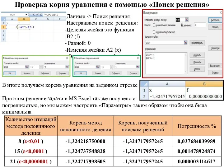 Проверка корня уравнения с помощью «Поиск решения» Данные -> Поиск решения