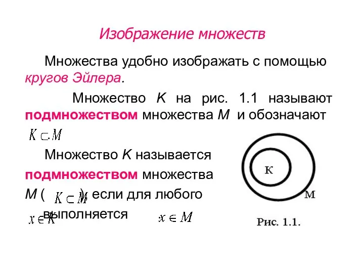 Множества удобно изображать с помощью кругов Эйлера. Множество K на рис.