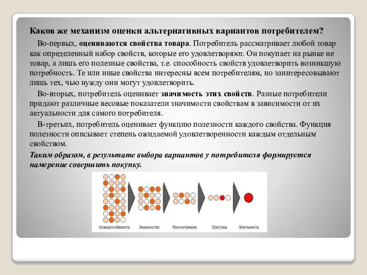 Каков же механизм оценки альтернативных вариантов потребителем? Во-первых, оцениваются свойства товара.