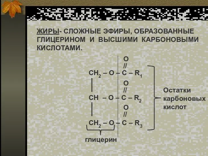 ЖИРЫ- СЛОЖНЫЕ ЭФИРЫ, ОБРАЗОВАННЫЕ ГЛИЦЕРИНОМ И ВЫСШИМИ КАРБОНОВЫМИ КИСЛОТАМИ. СН2 –