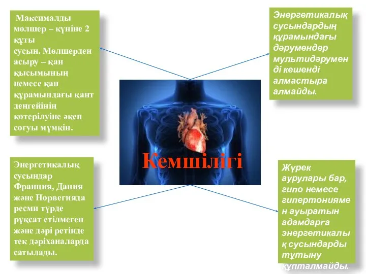 Кемшілігі Максималды мөлшер – күніне 2 құты сусын. Мөлшерден асыру –