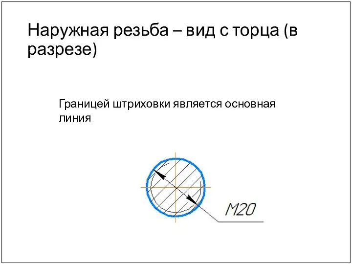 Наружная резьба – вид с торца (в разрезе) Границей штриховки является основная линия