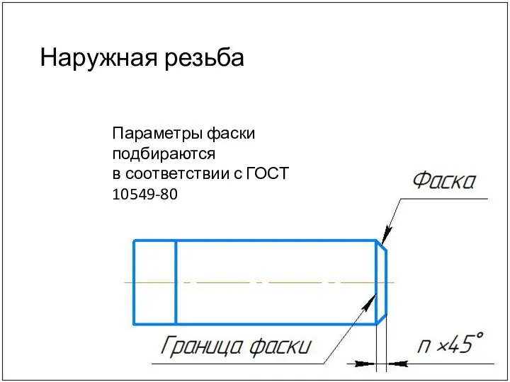 Наружная резьба Параметры фаски подбираются в соответствии с ГОСТ 10549-80