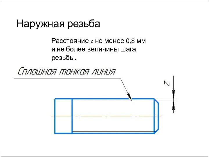 Наружная резьба Расстояние z не менее 0,8 мм и не более величины шага резьбы.