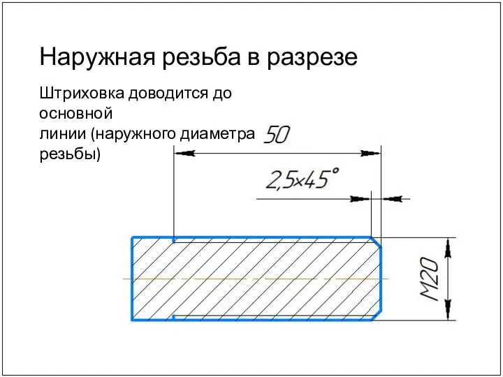 Наружная резьба в разрезе Штриховка доводится до основной линии (наружного диаметра резьбы)