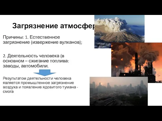 Загрязнение атмосферы Причины: 1. Естественное загрязнение (извержение вулканов); 2. Деятельность человека