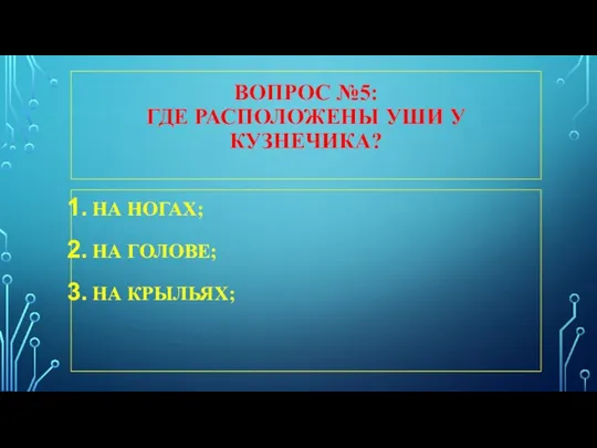 ВОПРОС №5: ГДЕ РАСПОЛОЖЕНЫ УШИ У КУЗНЕЧИКА? НА НОГАХ; НА ГОЛОВЕ; НА КРЫЛЬЯХ;