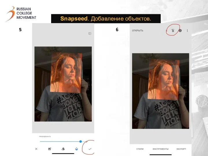 Snapseed. Добавление объектов. 5 6