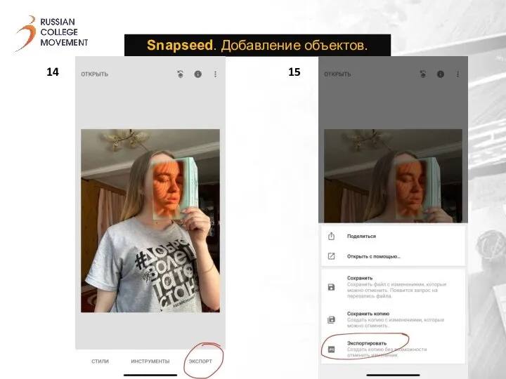 Snapseed. Добавление объектов. 14 15