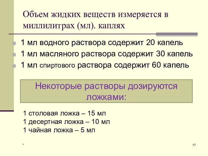 Объем жидких веществ измеряется в миллилитрах (мл). каплях 1 мл водного