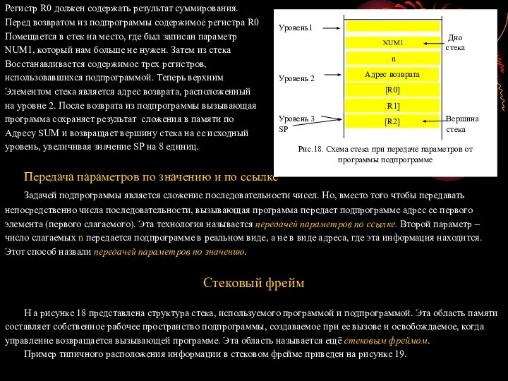 Регистр R0 должен содержать результат суммирования. Перед возвратом из подпрограммы содержимое