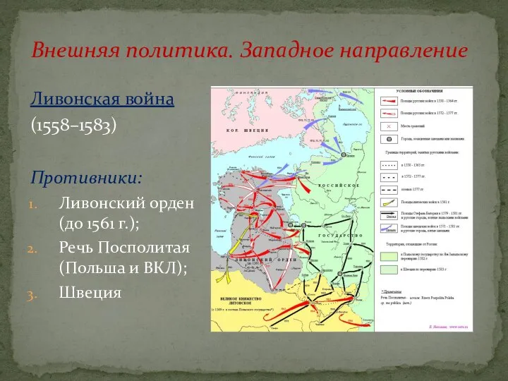 Внешняя политика. Западное направление Ливонская война (1558–1583) Противники: Ливонский орден (до