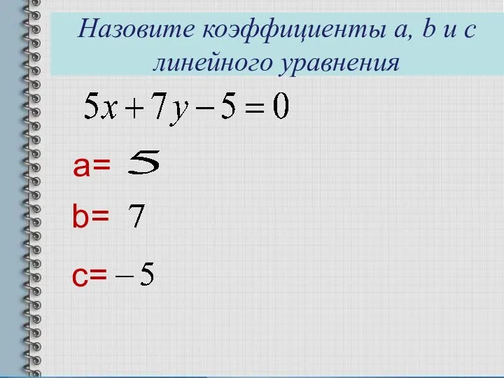 Назовите коэффициенты a, b и c линейного уравнения a= b= c=