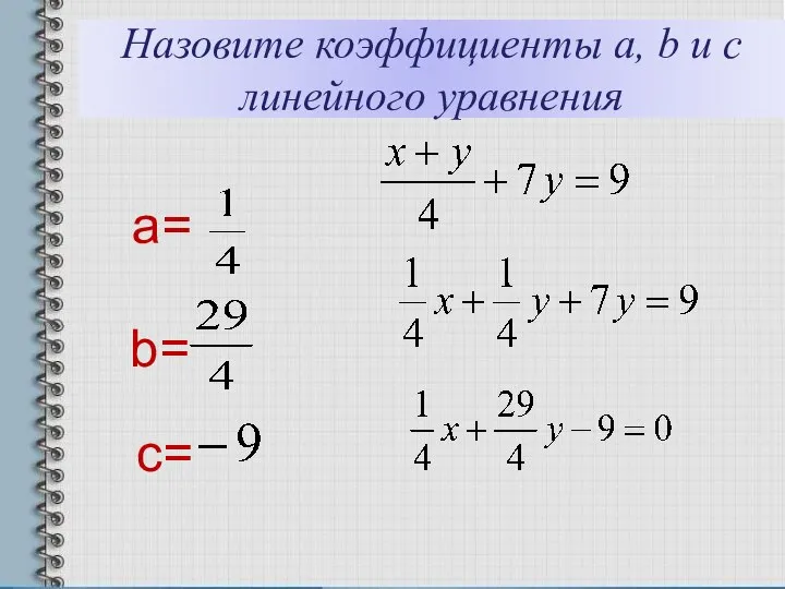 Назовите коэффициенты a, b и c линейного уравнения a= b= c=