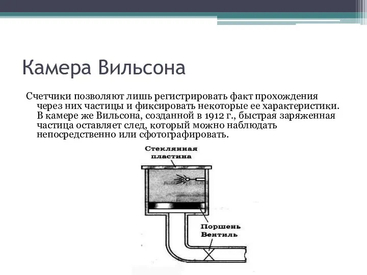 Камера Вильсона Счетчики позволяют лишь регистрировать факт прохождения через них частицы