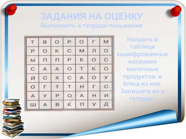 Найдите в таблице зашифрованные названия молочных продуктов и блюд из них.