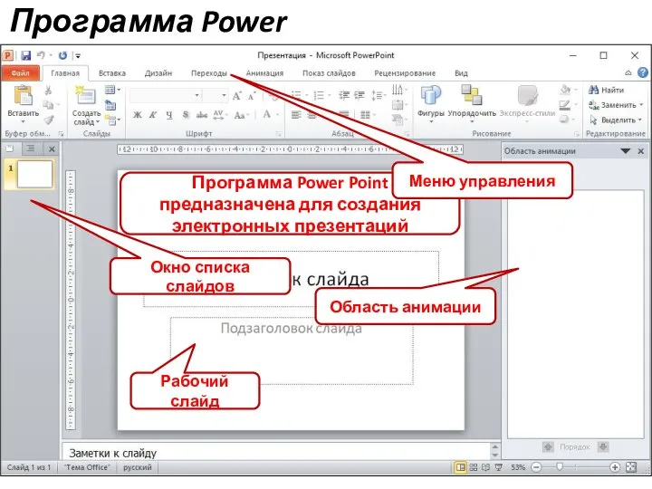 Программа Power Point Программа Power Point предназначена для создания электронных презентаций