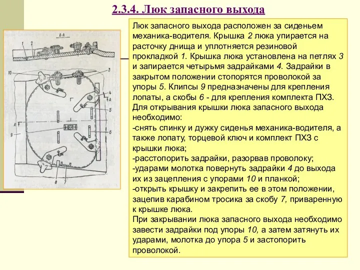 Люк запасного выхода расположен за сиденьем механика-водителя. Крышка 2 люка упирается