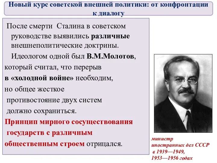 После смерти Сталина в советском руководстве выявились различные внешнеполитические доктрины. Идеологом