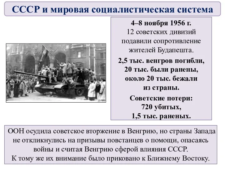 4–8 ноября 1956 г. 12 советских дивизий подавили сопротивление жителей Будапешта.