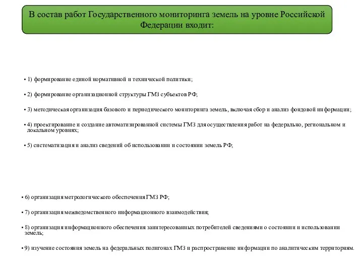 В состав работ Государственного мониторинга земель на уровне Российской Федерации входит: