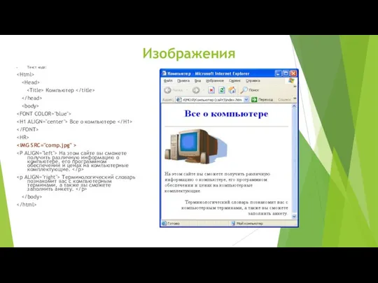 Изображения Текст кода: Компьютер Все о компьютере На этом сайте вы