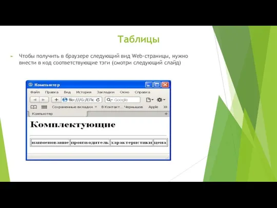 Таблицы Чтобы получить в браузере следующий вид Web-страницы, нужно внести в